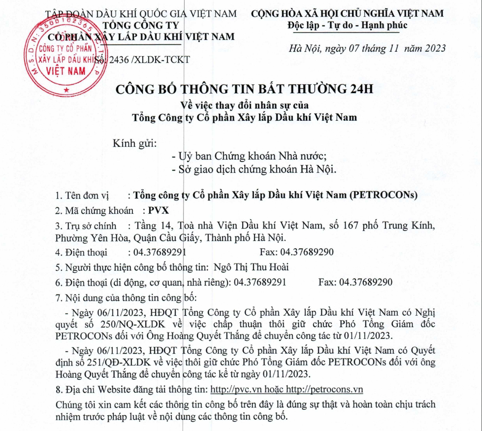PVX CBTT về Quyết định thôi giữ chức Phó Tổng giám đốc Tổng công ty Cổ phần Xây lắp Dầu khí Việt Nam đối với Ông Hoàng Quyết Thắng